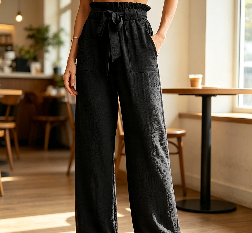 Knot-Detail High-Waisted Work Trousers with Wide Leg