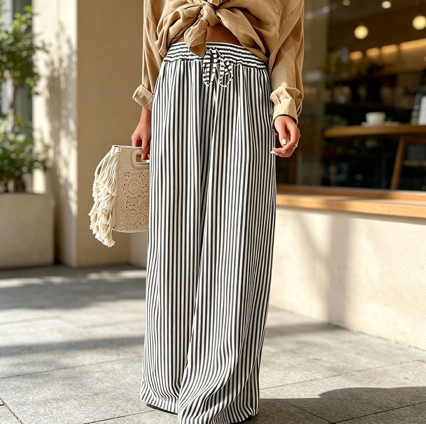 Striped Drawstring Wide-Leg Pants with Elastic Waist