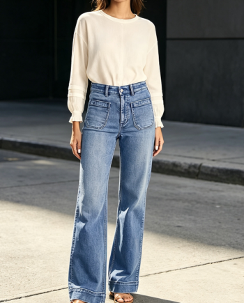 Stretchy High-Waisted Wide-Leg Jeans with Pocket