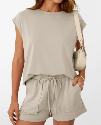 Women's Crew Neck Drawstring Shorts Set with Pockets