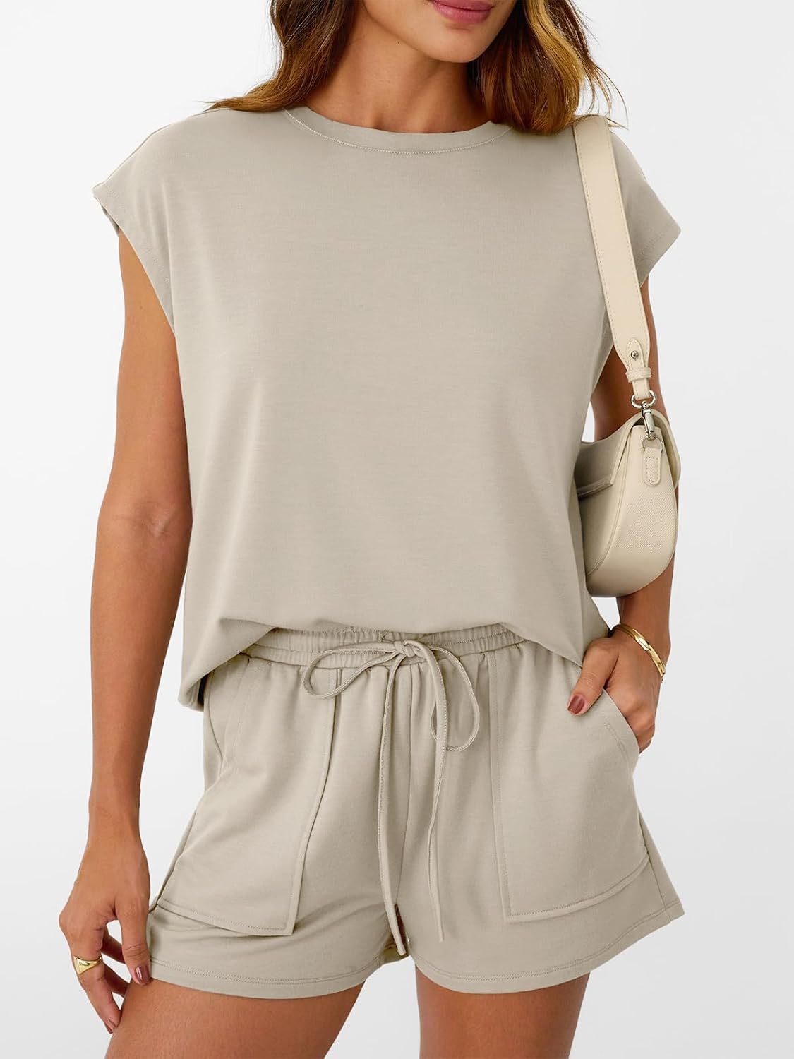 Women's Crew Neck Drawstring Shorts Set with Pockets