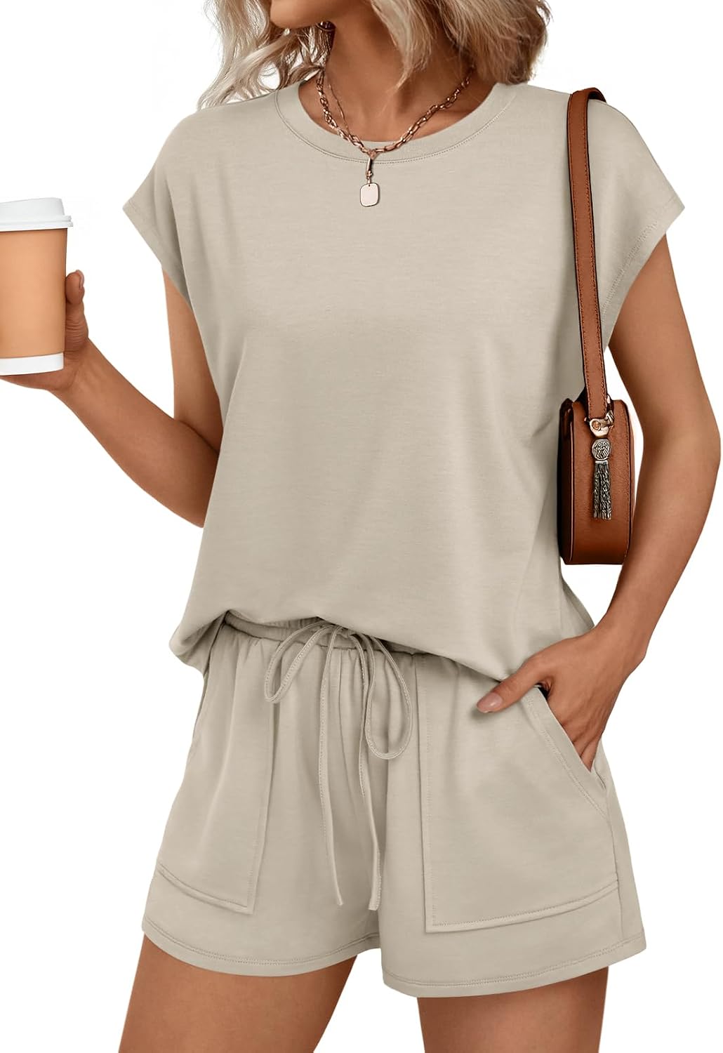 Women's Crew Neck Drawstring Shorts Set with Pockets