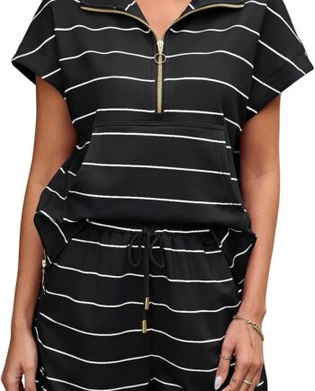 Women's Striped Zip-Up Shirt and Shorts Set