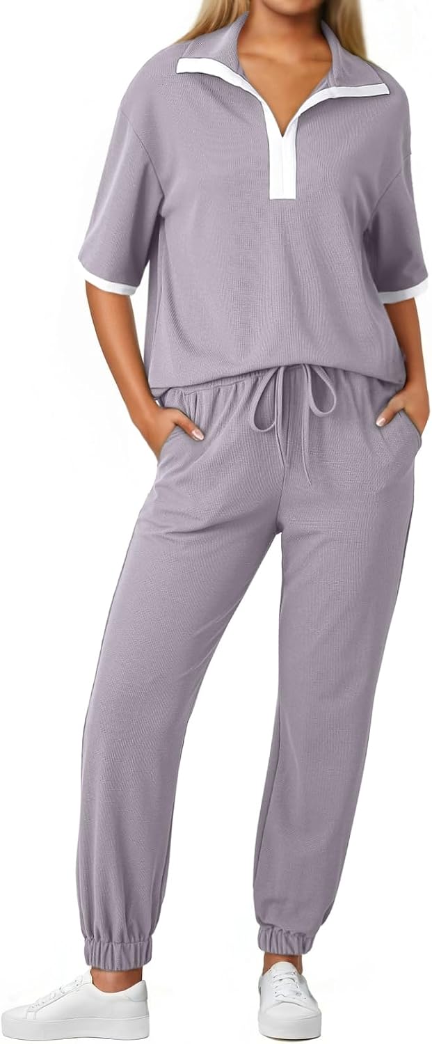 Women's V-Neck Tracksuit Lounge Set with Pockets