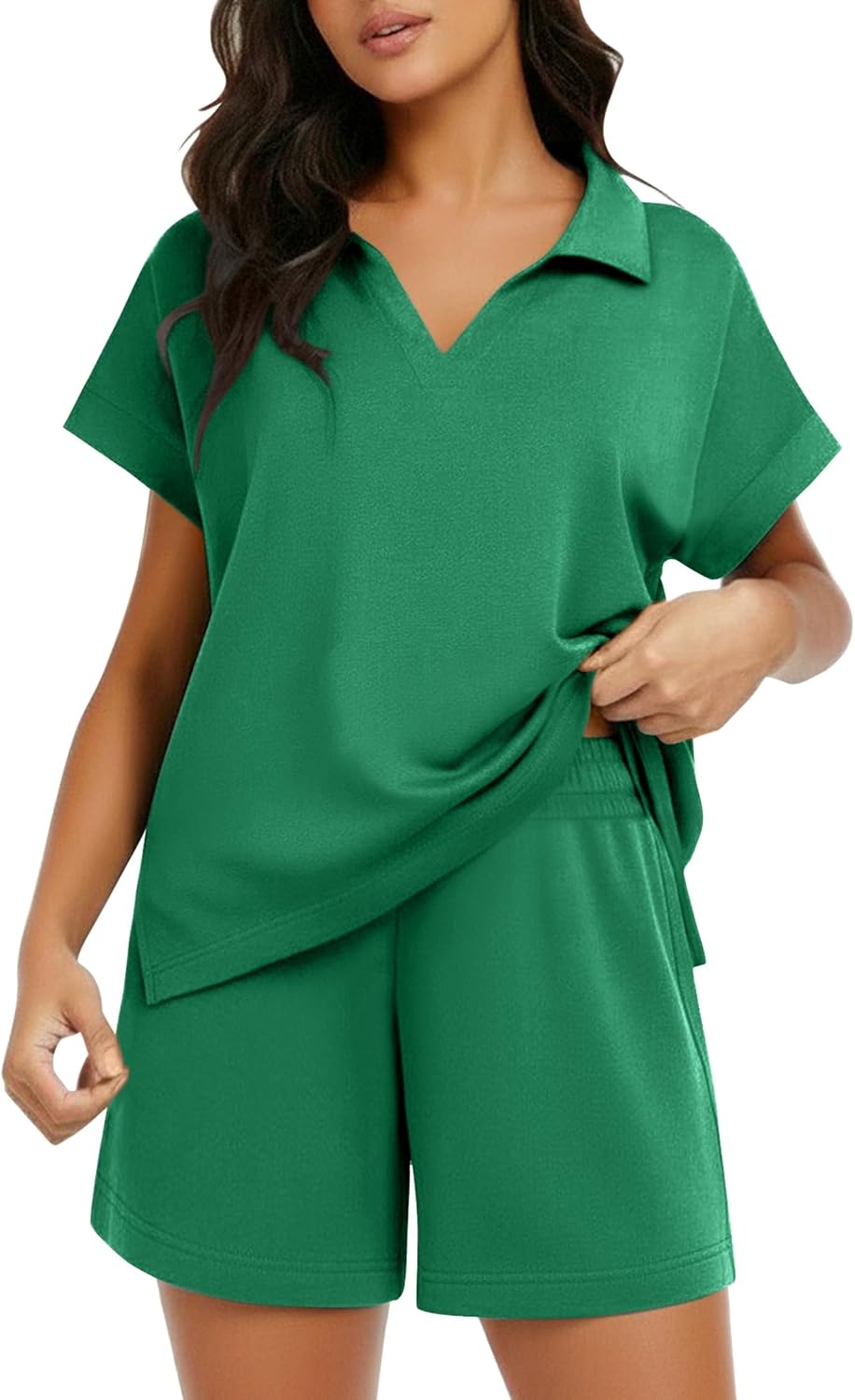 Women's V-Neck Top and Drawstring Shorts Set