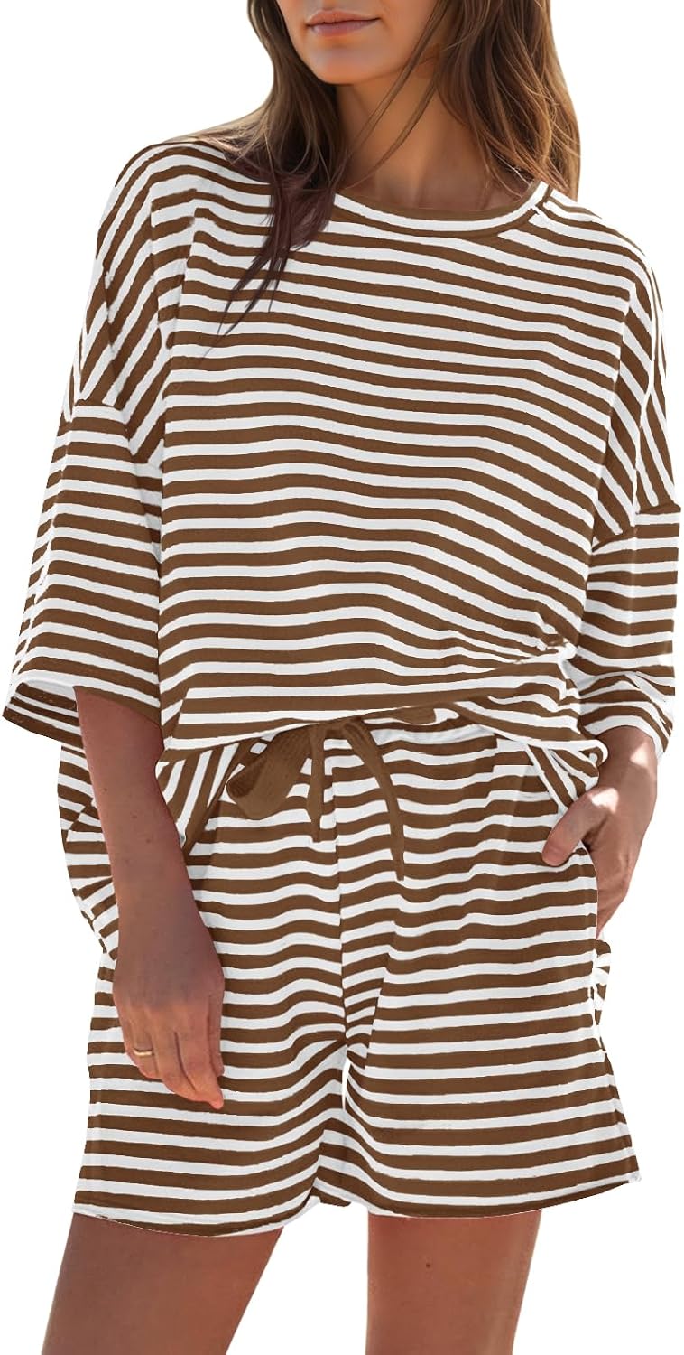 Women's Striped 3/4 Sleeve Lounge Shorts Set