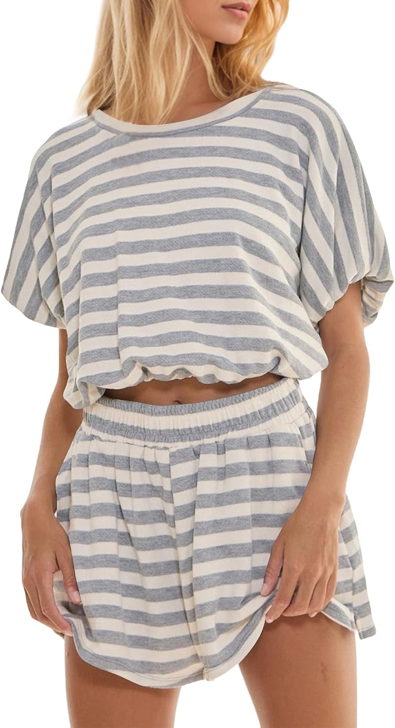 Women's Striped Tee and Elastic Waist Shorts Set