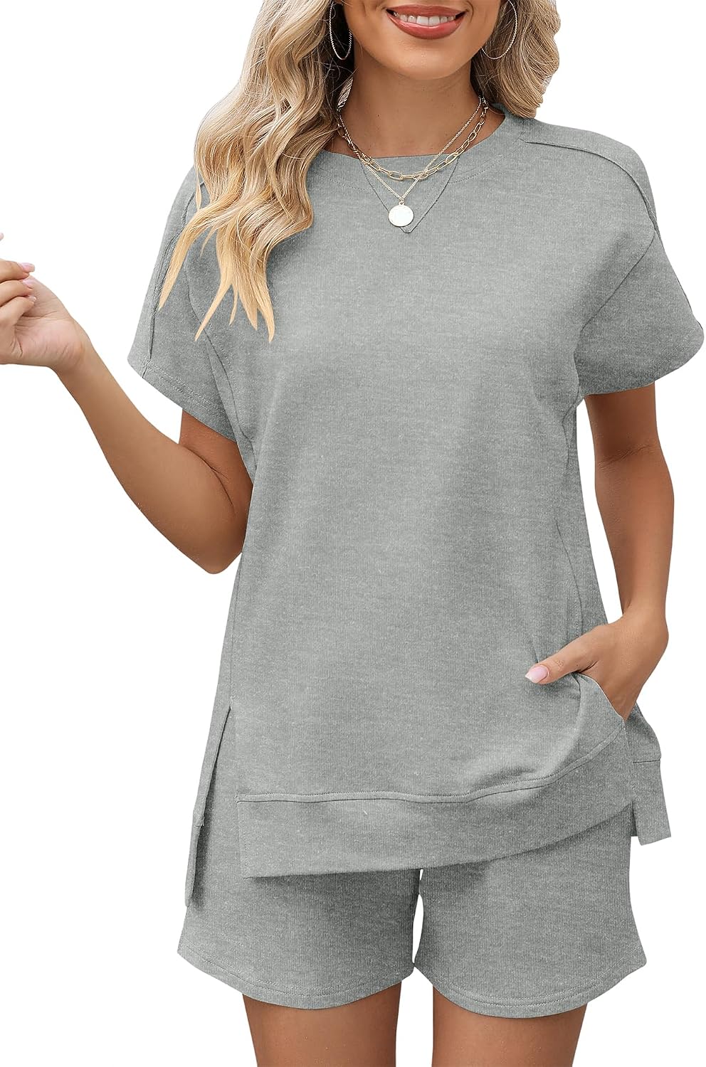 Women's Round Neck Short Sleeve Lounge Shorts Set