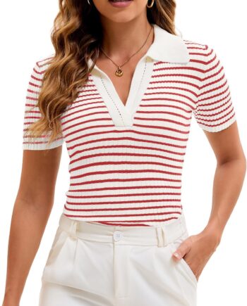 Women's Striped Knit Collared Polo Shirt