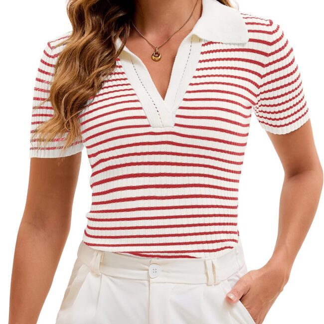 Women's Striped Knit Collared Polo Shirt