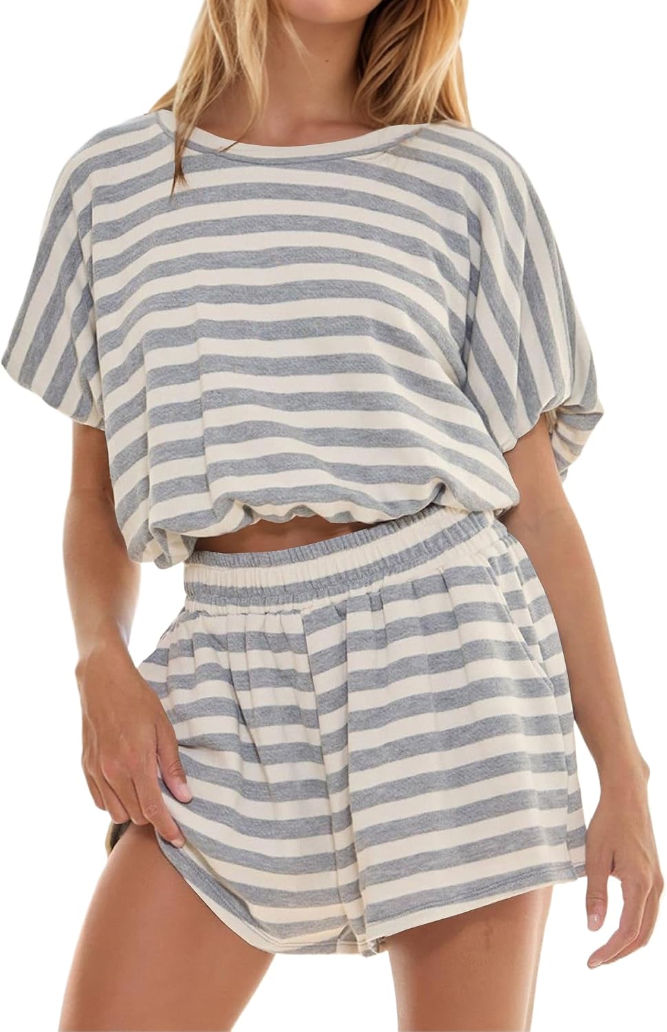 Women's Striped Tee and Elastic Waist Shorts Set