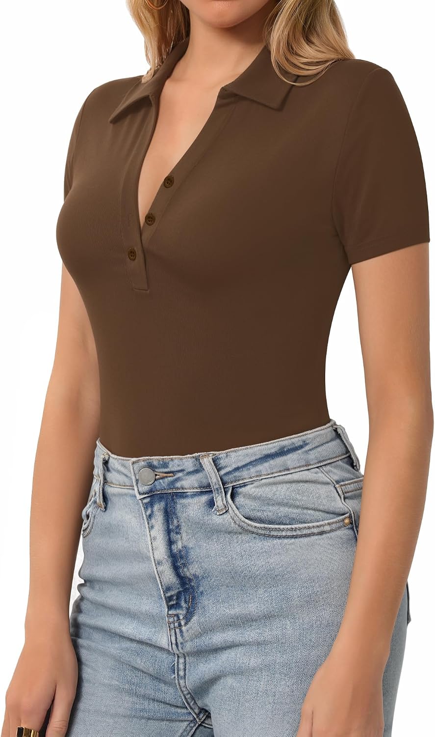 Women's Slim-Fit Collared Button-Front Polo Shirt