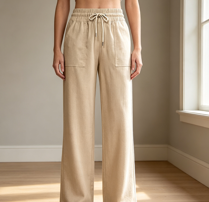 Linen Palazzo Wide-Leg Trousers with Pockets